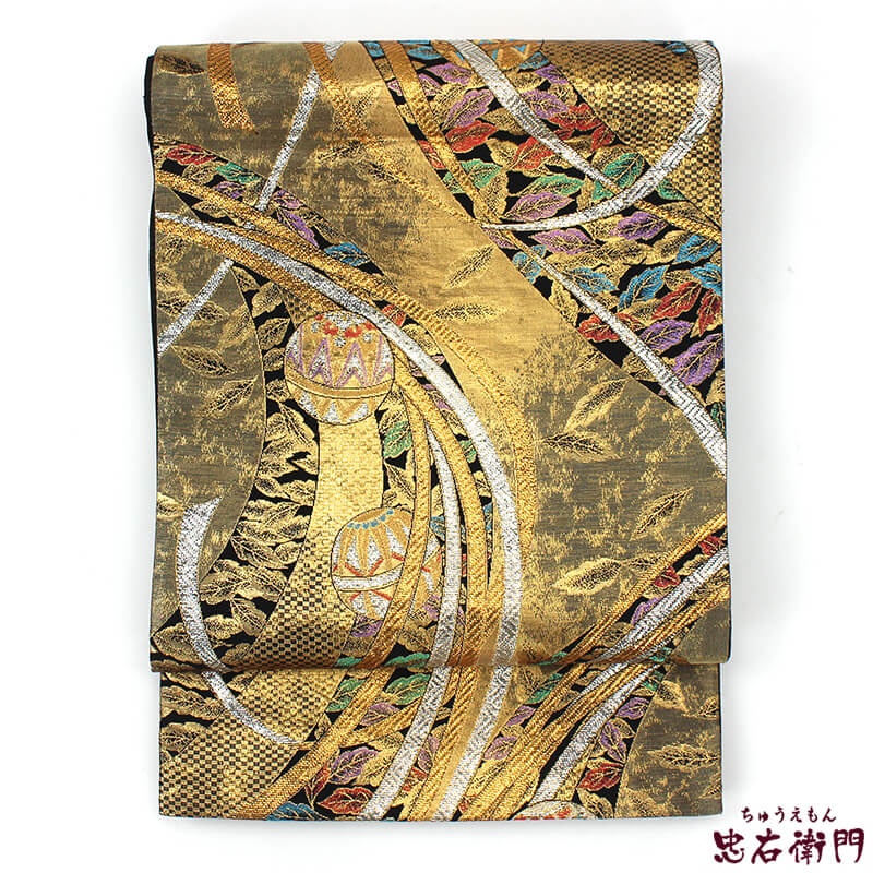 【楽天スーパーSALE★ポイント10倍】【中古】 袋帯 振袖用 リサイクル レディース 正絹 ゴールド 鞠 ブラック 長さ430cm 幅30.5cm 仕立て上がり帯 フォーマル 振り袖用 リサイクル帯 送料無料 即日発送