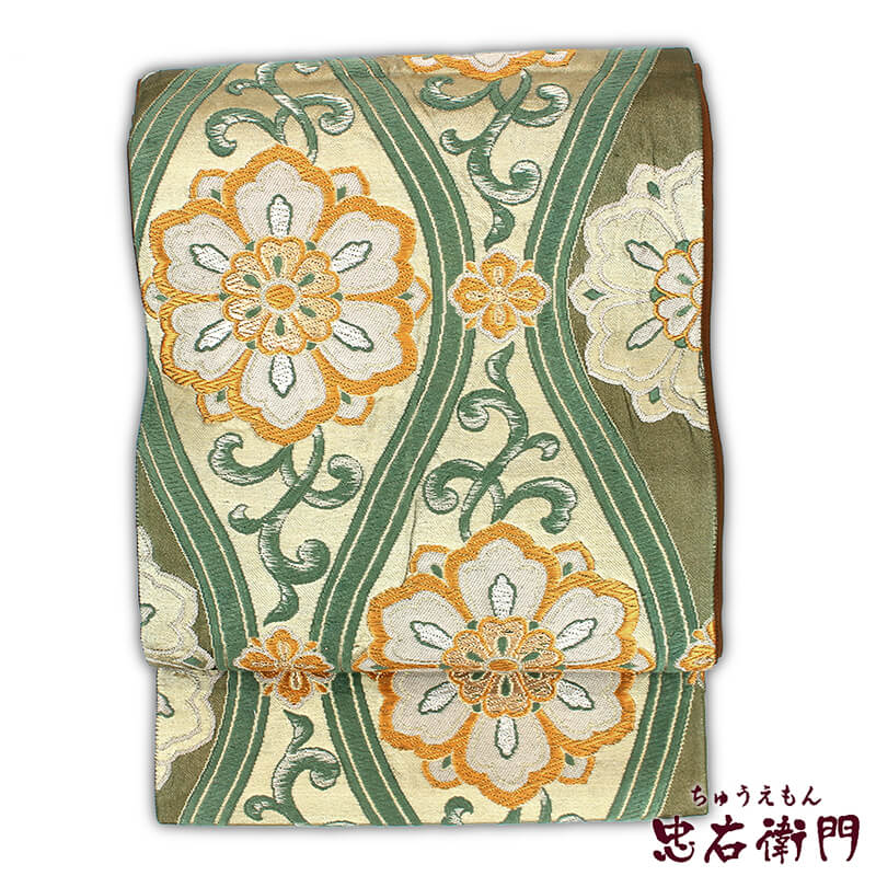 【中古】 袋帯 リサイクル 正絹 西陣織 仕立上がり 礼装 フォーマル レディース グリーン 立涌 花唐草 長さ419cm 送料無料 あす楽対応