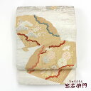 【中古】 袋帯 リサイクル レディース 正絹 白 銀 金 桃 扇子 松梅 長さ424cm 幅31cm 仕立て上がり帯 リサイクル帯 あす楽対応