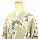 【中古】 小紋 縮緬 レディース 正絹 薄緑 オフ白 市松 四季の花 身丈163.5cm 裄丈67.5cm 仕立て上がり着物 カジュアル【中古】 送料無料 あす楽対応