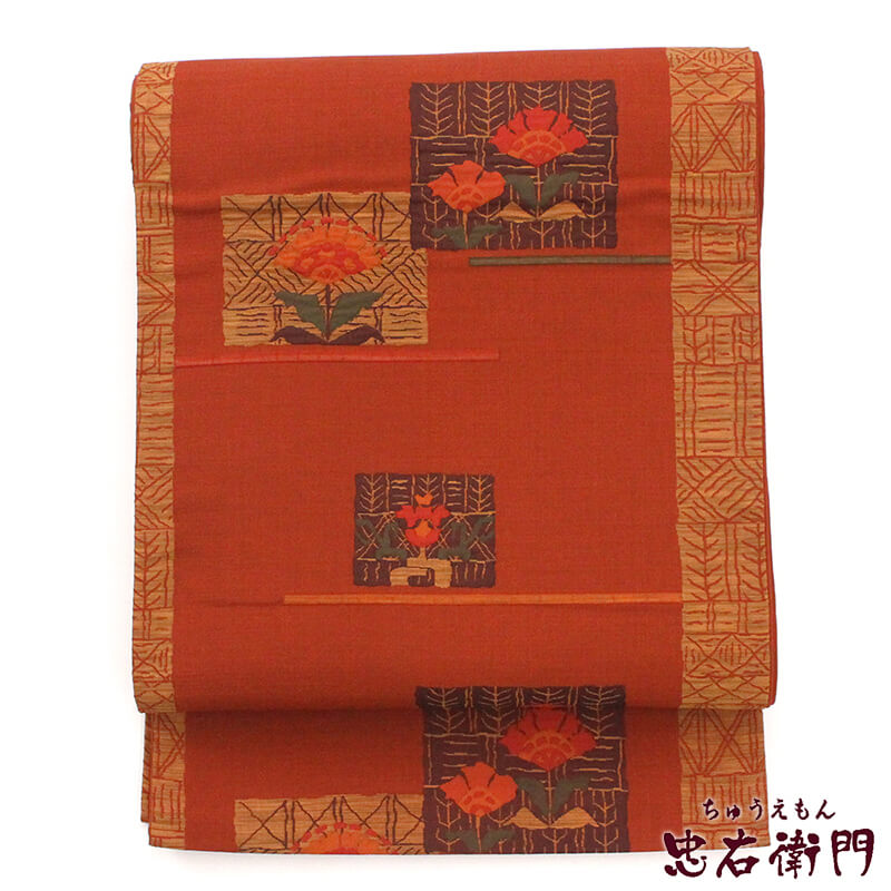 【中古】 袋帯 お洒落用 おしゃれ袋帯 リサイクル レディース 正絹 オレンジ 紹巴帯 長さ429cm 幅31cm 仕立て上がり帯 カジュアル リサイクル帯 即日発送