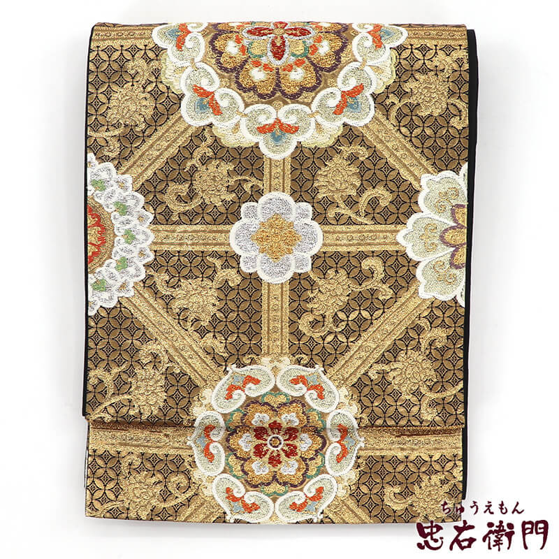 【中古】 袋帯 礼装用 フォーマル リサイクル レディース 正絹 金 黒 格天井 華文 長さ435cm 幅31cm 仕立て上がり帯 リサイクル帯 送料無料 あす楽対応