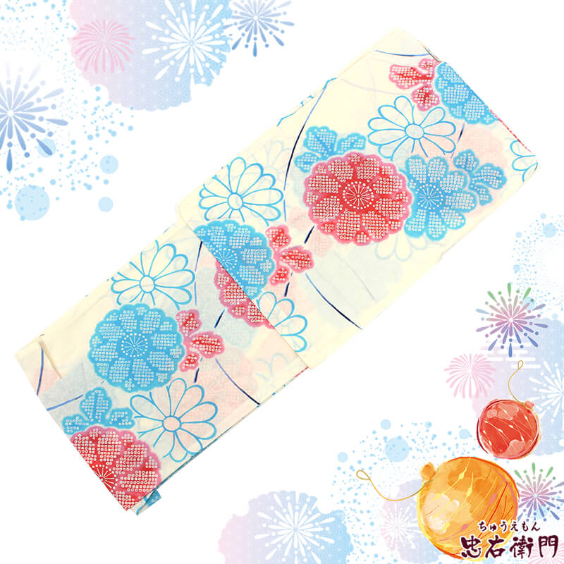 【新品】 浴衣 レディース ゆかた フリーサイズ 単品 綿 花火大会 夏祭り 白 ピンク 水色 菊 かわいい