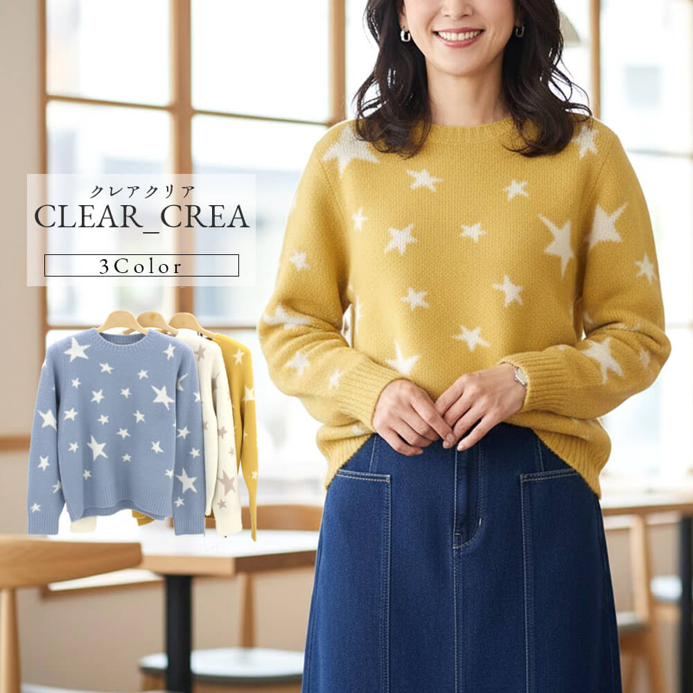 【買い回りでポイントアップ】【冬物ファイナルSALE｜50％OFF】ニット レディース バーゲン 星柄 クルーネック 長袖 スター スタイリッシュ カジュアル ドレッシー 2025年秋冬 40号 フリーサイズ サンドール クリアクレア