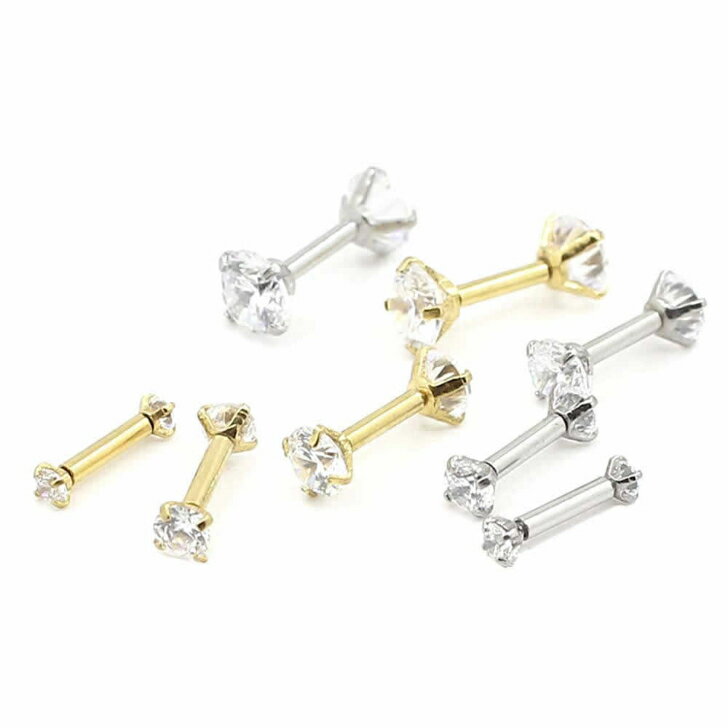 【両耳】キラキラ ボディピアス インターナル ストレートバーベル ジルコニア ダブルジュエル サージカルステンレス アレルギー対応 16G 2mm 3mm 4mm 5mm ゴールド シルバー 2個