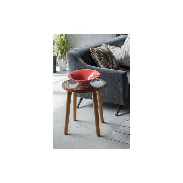 ラウンド ガラステーブル 約幅35cm S ブラウン 天然木 ミンディ ラタン 強化ガラス サイドテーブル リビング 組立品