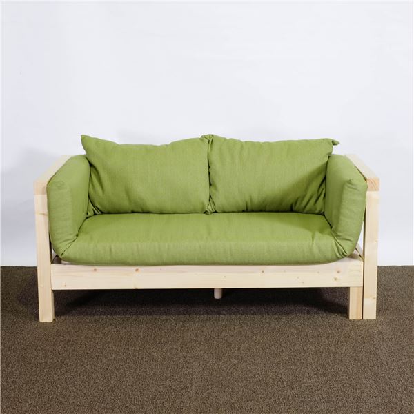 ソファベッド 〔 グリーンマット＆クッション2個セット 〕 木製 すのこ 伸長 ソファーベッド 組立式【代引不可】
