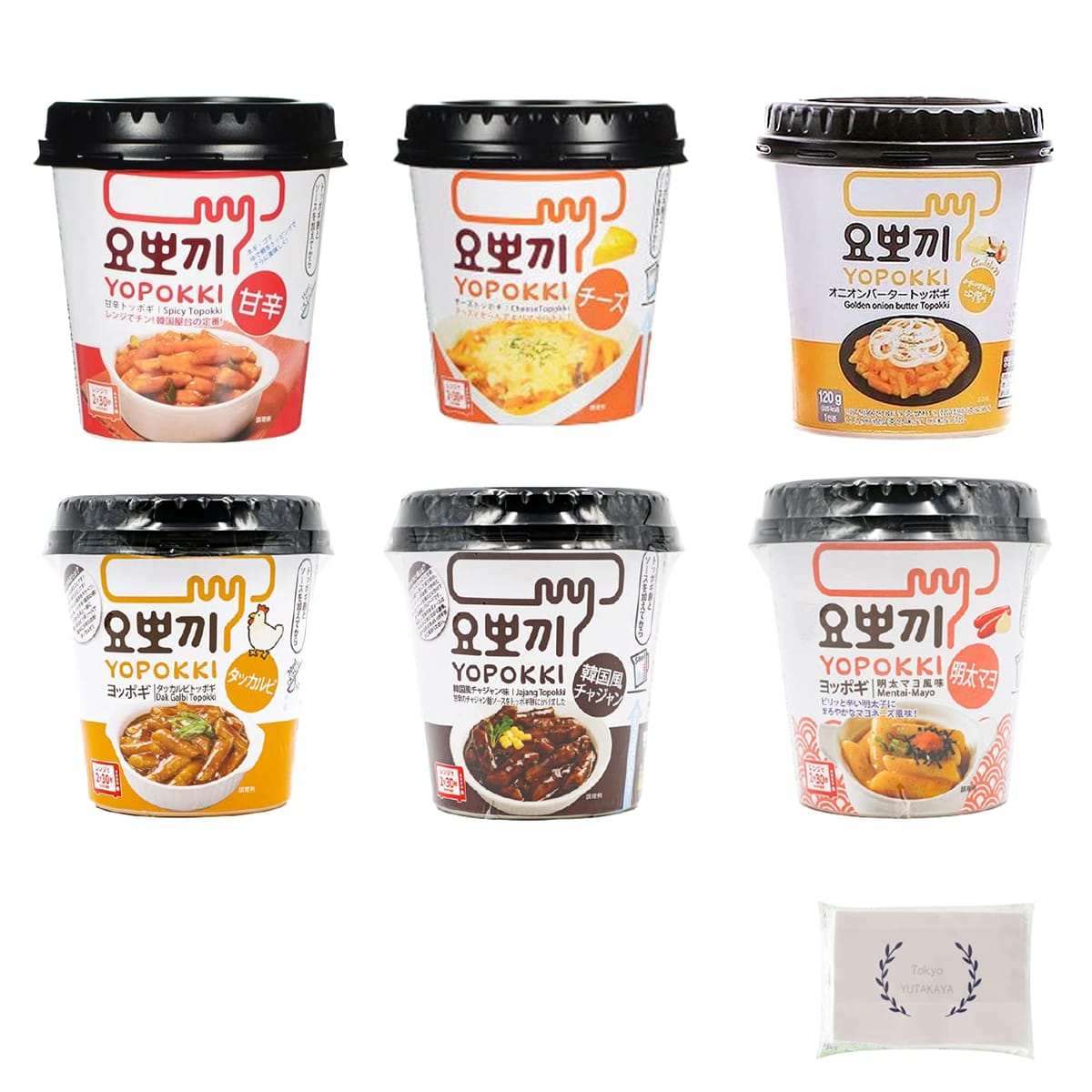 ヘテ ヨッポギ ( トッポギ )　インスタント カップ　6種アソート (　チーズ味 甘辛味 オニオンバター味 韓国風チャヂャン味 タッカルピトッポギ 明太マヨ味 各1個(120g)　計6個　オリジナルペーパータオル(4枚重ね8枚入) (韓国 食品 即席)のサムネイル