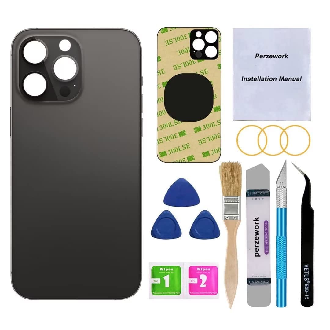 Perzework OEM リアバックガラス 交換用 iPhone 14 Pro Max 6.7インチ用 修理ツールキットと取り付け済み接着剤付き (スペースブラック)