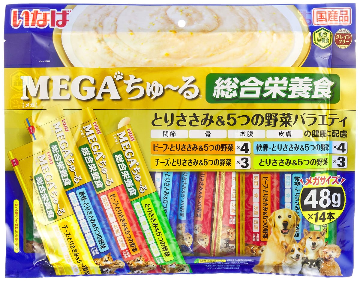 いなば ドッグフード MEGAちゅ~る とりささみ&5つの野菜バラエティ 犬 48グラム (x 14)のサムネイル