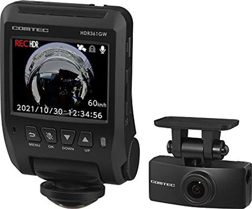 コムテック 車用 ドライブレコーダー 360度全方位 リヤカメラ搭載 HDR361GW 360°全方位録画 MICROSDカードメンテナンスフリー対応 32GBMICROSDカード付属 日本製 3年保証 常時録画 衝撃録画 GPS 駐車監視