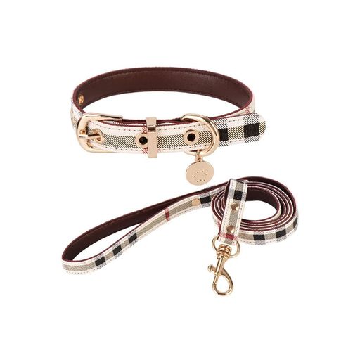 犬首輪リードかわいいチェック首輪リードセット犬用首輪猫用首輪ペット首輪カーラー牽引紐タータンチェック首回り23〜33cmリード122cm(ホワイト)