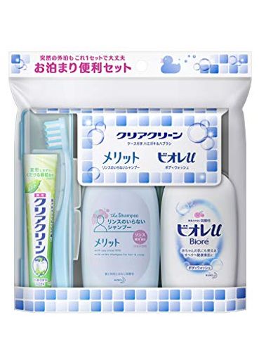 商品サイズ(幅×奥行×高さ):170×30×177 ハブラシは、軽い力でも歯垢をごっそり落とせるクリアクリーン極太毛束(ミニサイズ) 携帯しやすいクリアクリーンの歯みがきセット 外出先でもしっかりツルツル 「メリット リンスのいらないシャンプー」と「ビオレU」入り