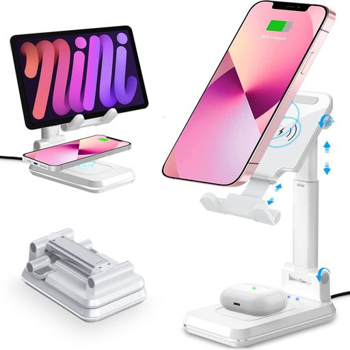 【デュアル15W急速充電】ワイヤレス2IN1充電器卓上スマホスタンド充電IPHONE/携帯スタンド角度高度調整可能タブレット/IPADスタンド-折り畳み式スマホ充電スタンド2台同時充電おくだけ充電…
