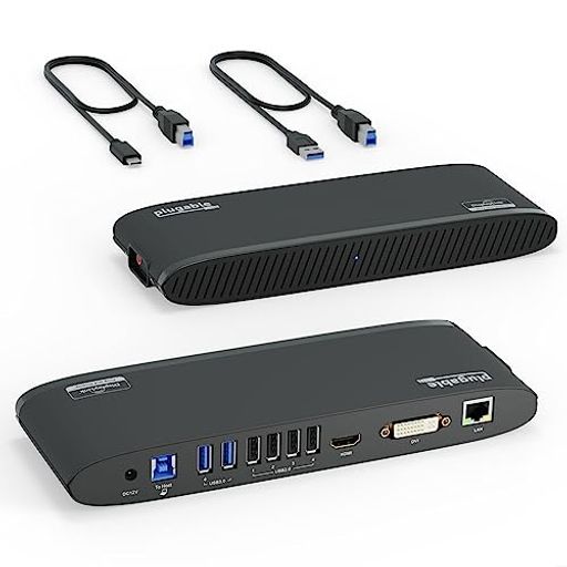 PLUGABLE USB3.0 ドッキングステーション 横置き WINDOWS および MAC 用 - デュアルモニター HDMI DVI VGA ポート ギガビット イーサネット USB3.0 ポートX2 USB 2.0 ポートX4 音声入出力