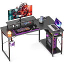 ODKゲーミングデスクパソコンデスク幅130L字デスクコンセント付きPCデスクデスク机ラック付きコーナーデスク収納オフィスデスク組立簡単右棚カーボン調ブラック(3)