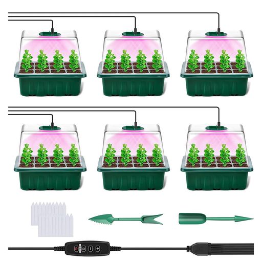 lanzoub育苗ポット育苗トレイ6個セット72穴植物育成ライト付き育苗箱種まきポットトレー高さ16cm透明カバー発芽育苗器発芽 育苗セット育苗ボックス種子トレイ苗箱ライト移植ツール2個植…