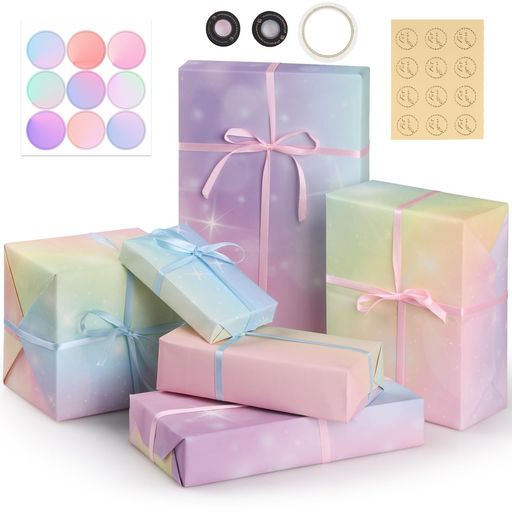 Bigqin包装紙ラッピングペーパーセット厚手大判美しい破れにくい星空オーロラ包装ペーパギフト包装ラッピング用品包装資材6枚入り50*70cm