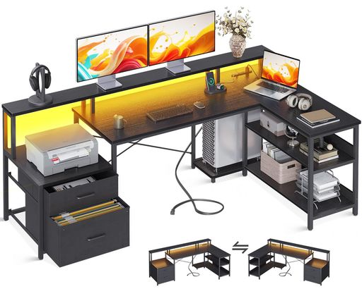 ODKパソコンデスク引き出し2杯付きゲーミングデスクコンセント付きl字デスク机pcデスク勉強机棚付きオフィスデスクワークデスク幅172事務机在宅勤務組立簡単ブラック