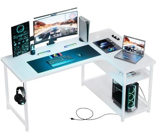 GTRACINGゲーミングデスクパソコンデスクL字カーボン調コンセント付きラック付きモニターアーム対応棚..