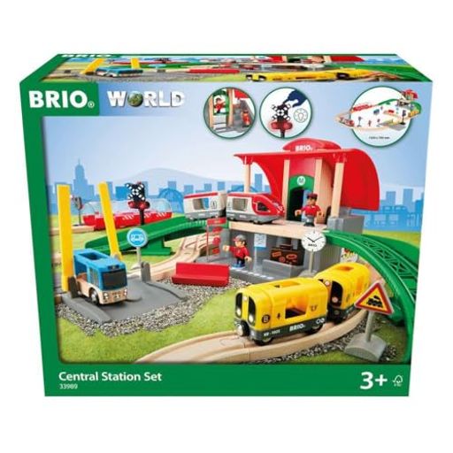 BRIO WORLD(ブリオワールド) セントラルステーションセット 33989 高架駅、駅前ロータリーのバス乗り場、坂、踏切、トンネルなど、人気の情景パーツが豊富に入ったセット。 ブリオワールドのフィギュアと一緒に遊べます。 対象年齢:3歳から LR44×2個使用(テスト用電池付属)