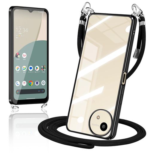 AQUOSwish4ケースクリアショルダーウィッシュ4SH-52ESHG13A403SHスマホケースカバー透明TPU肩掛け首掛け斜めかけケース薄型耐衝撃シリコンメッキ加工TPUバンパー(ブラック)