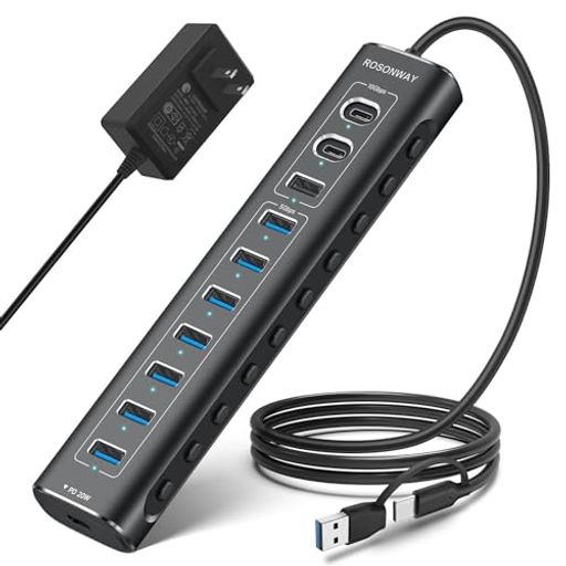 ROSONWAY USB ハブ10GBPS 11ポート 20W PDX1 USB C 3.2X2 USB A 3.2X1 USB 3.0X7 2 IN 1 ケーブル 付き アルミ製 USB HUB セルフパワーとバスパワー両用 12V 5A 電源