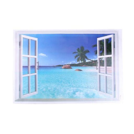 偽窓ステッカー ウォールステッカー 窓ポスター 3D ステッカー 壁紙シール 海 ビーチ ヤシの木 壁飾り 窓枠 絵 窓の景色 ビニール製 インテリア 貼って剥がせる 風景