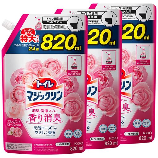 マジックリン【まとめ買い】トイレ消臭洗浄スプレーツヤツヤコートプラスエレガントローズの香りスパウトパウチ820mlx3個