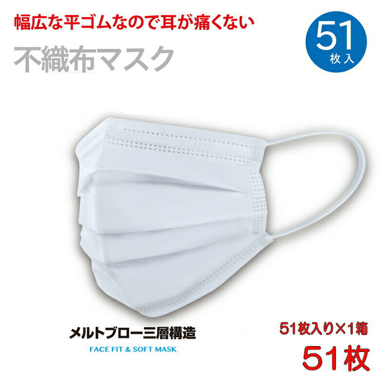 (UL) マスク　耳かけ平ゴムタイプ　51枚(51枚入x1箱) メルトブロー三層不織布　サイズ175x95mm　使い捨て 送料660円 ubn (UL1)