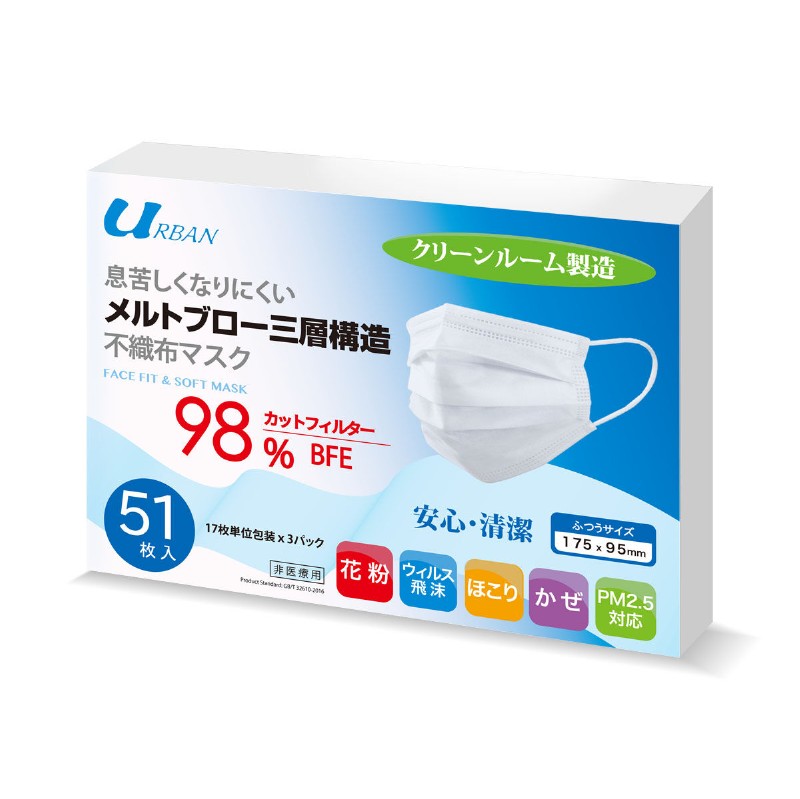 (UL) マスク　耳かけ平ゴムタイプ　2040枚(51枚入x40箱) メルトブロー三層不織布　サイズ175x95mm　使い捨て 送料無料　※沖縄・離島は別途送料が発生します ubn (UL1)