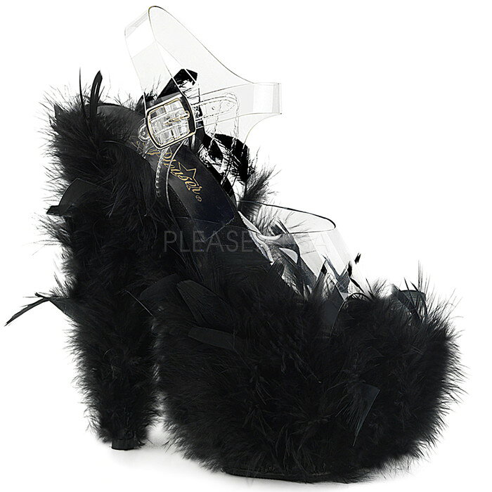 送料無料 取寄せ Pleaser プリーザー 厚底ミュール 厚底サンダル 全面ファー付き クリアのアンクルストラップ クリアアッパー 黒(ブラック)マラボーの厚底 レディース 大きいサイズ ミュールサンダル ハイヒール キャバ ADORE-708F ADO708F/C/B