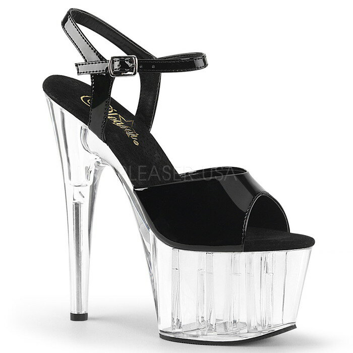 Straps - 選べる靴用品プレゼント付 取寄せ Pleaser プリーザー レディース 厚底サンダル アンクルストラップ レディース クリアヒール 光沢エナメル　黒ブラックのアッパー 黒の中敷 ハイヒール コスプレ衣装 キャバ ポールダンス コンテスト 美脚セクシー ADORE-709 ADO709/B/C