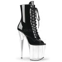 選べる靴用品プレゼント付 取寄せ Pleaser プリーザー レディース 厚底ショートブーツ 厚底アンクルブーツ レースアップ オープントゥ クリアヒール クリアの厚底 エナメル黒(ブラック) サイドジッパー ポールダンス 大きいサイズ FLAMINGO-1021 FLAM1021/B/C