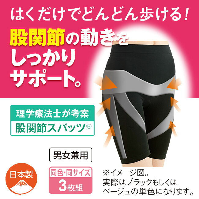 理学療法士が考えた 股関節スパッツ 3枚組 - 股関節 サポート はくだけ どんどん 歩ける 腰痛 肩こり 歩行時の痛み 股関節サポーター 着圧 テーピング スパッツ 痛み 立ち座り 階段 日本製 メンズ レディース ブラック ベージュ 2
