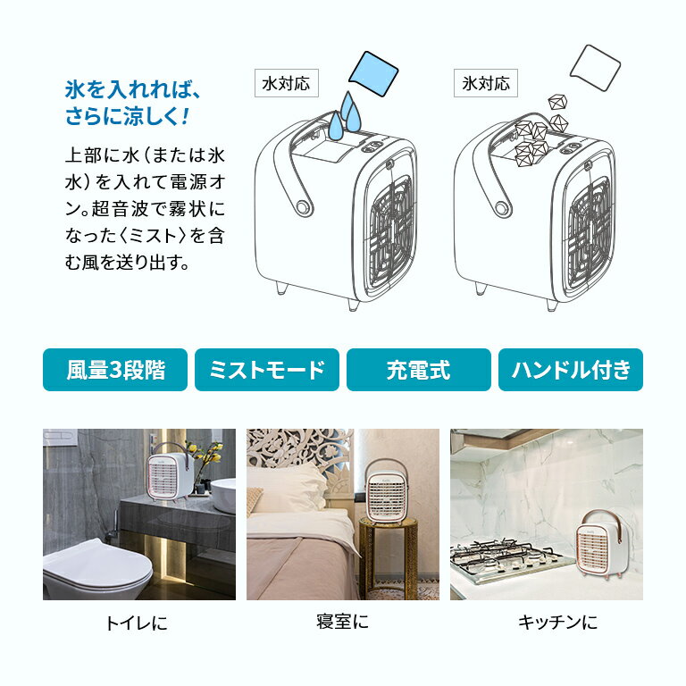 充電式 ミニミストファン - 冷風扇 冷風扇風機 涼風扇 扇風機 冷風 保冷剤付 抗菌 冷風機 冷風器 送風機 卓上 小型 ポータブル スポットクーラー 熱中症 対策 トイレ 寝室 就寝時 赤ちゃん 子供 子ども 水 氷 対応 ミスト USB充電 SLI-MMF2000