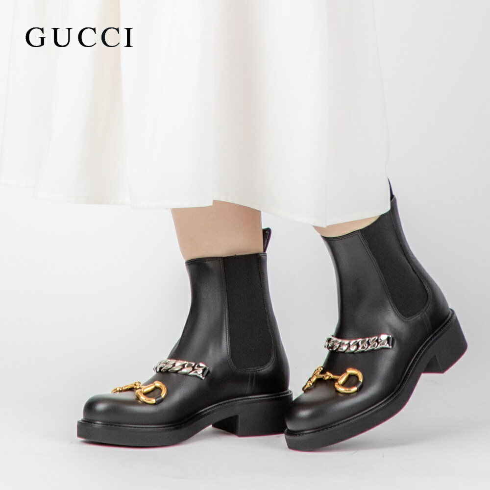 グッチ GUCCI 670393 17K10 ブーツ レディース シューズ チェルシーブーツ ウィメンズ チェーン付き ローヒール レザー ホースビット ラグジュアリー エレガント カジュアル ギフト プレゼント ブラック 23.0～24.5cm