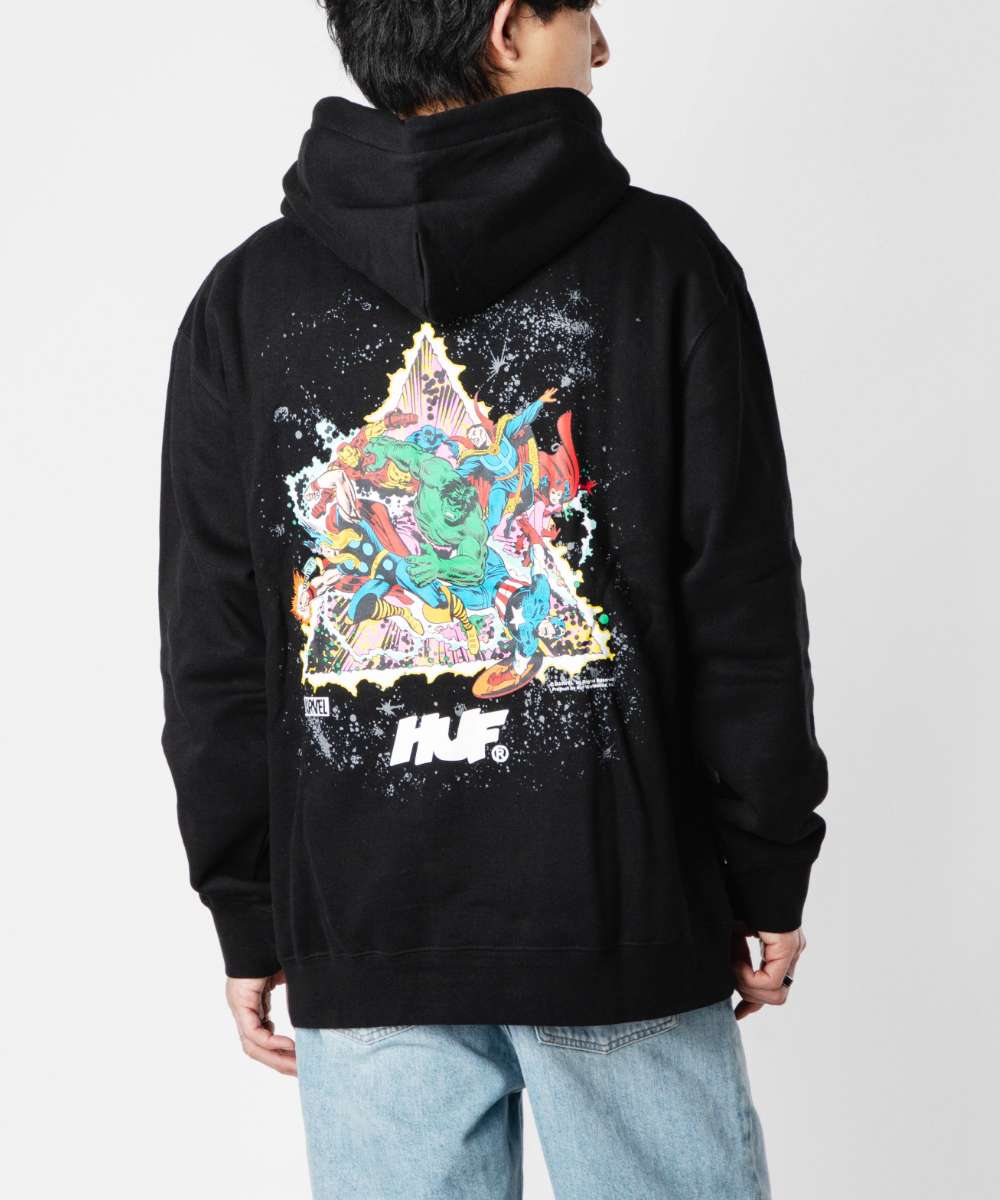 ハフ HUF COSMIC ASSEMBLAGE P/O HOODIE PF00654 メンズ トップス パーカー 長袖 フード マーベル アベンジャーズ コラボ グラフィック コズミック アッセンブリ アートワークプリント プルオーバーフーディ ストリート スケーター スケボーカジュアル アメリカ スウェット