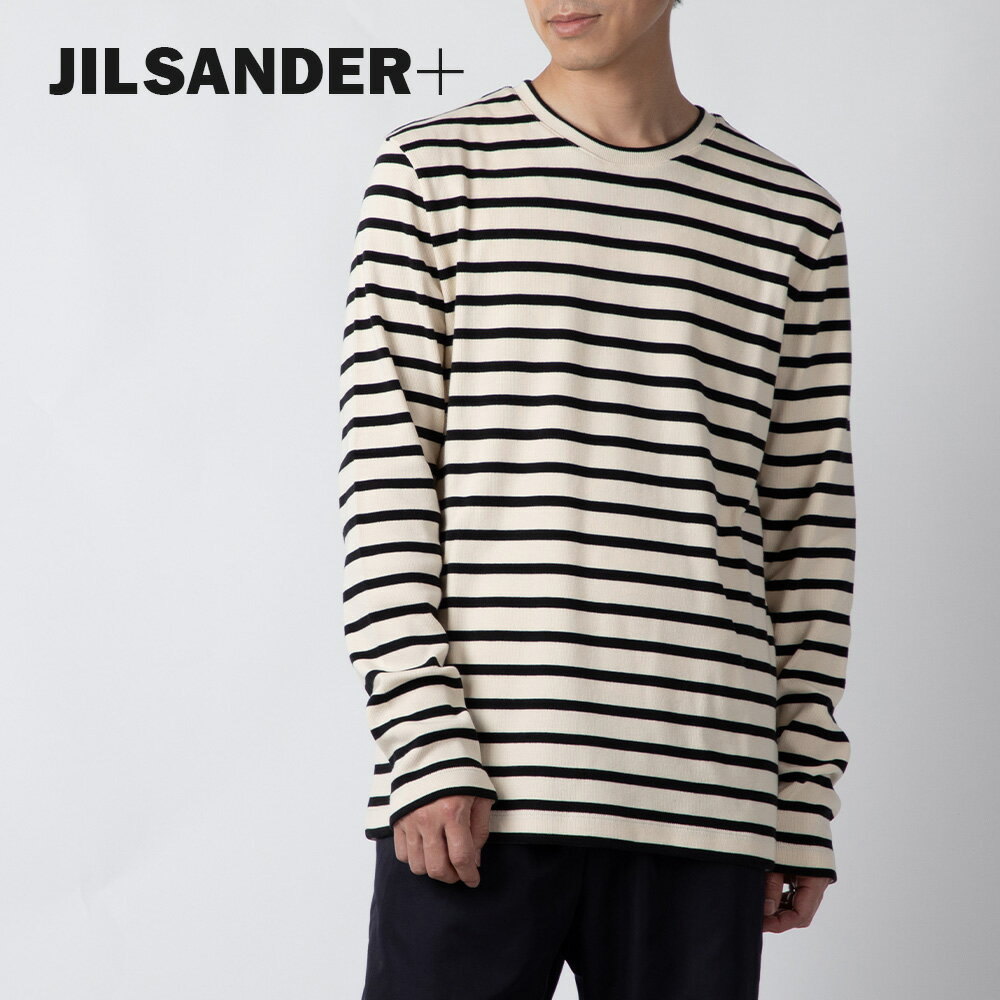 ジルサンダー プラス JIL SANDER+ JPUU707535 MU247518 Tシャツ メンズ 長袖 カジュアル クルーネック ロゴ カットソー ボーダー コットン ブランド 黒 白 プレゼント ギフト シンプル 080 アイボリー×ブラック XS〜XL