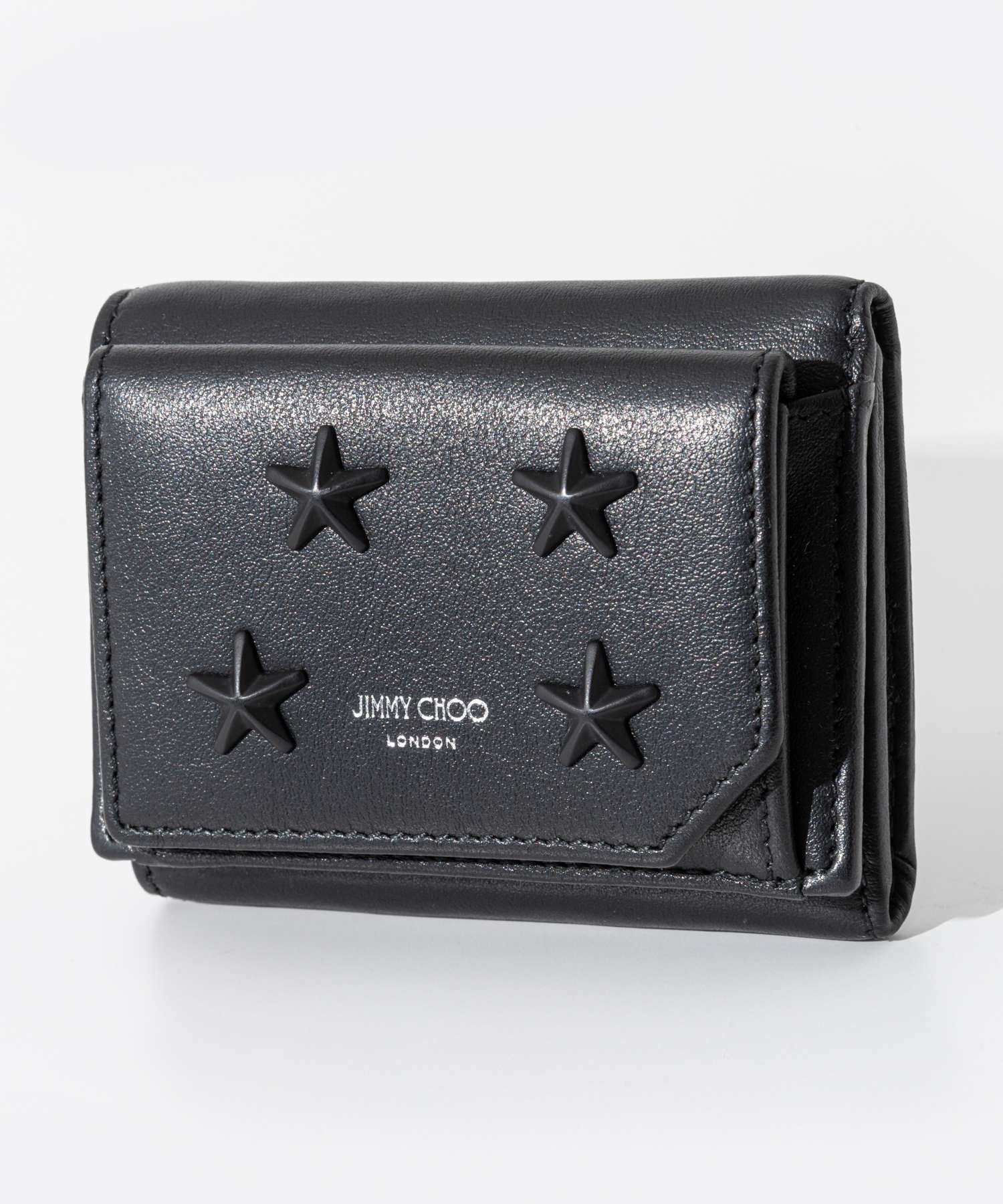 ジミーチュウ JIMMY CHOO BEALE OAJ 三つ折り財布 ビアーレ 財布 メンズ プレゼント ミニ財布 スタースタッズ レザー 本革 ロゴ カード入れ コンパクトウォレット 小銭入れ ギフト ブランド お祝い 記念 ブラック×ガンメタル