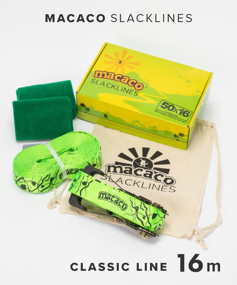 マカコ スラックライン MACACO SLACKLINE 16m×5cm クラシックライン スタンダード ラバーラチェット ツリーウェア 説明書 アウトドア キャンプ ビギナー 野外 室内 遊び 体幹 バランス トレーニング プレゼント【初心者～中級者用】 STANDARD CLASSIC LINE