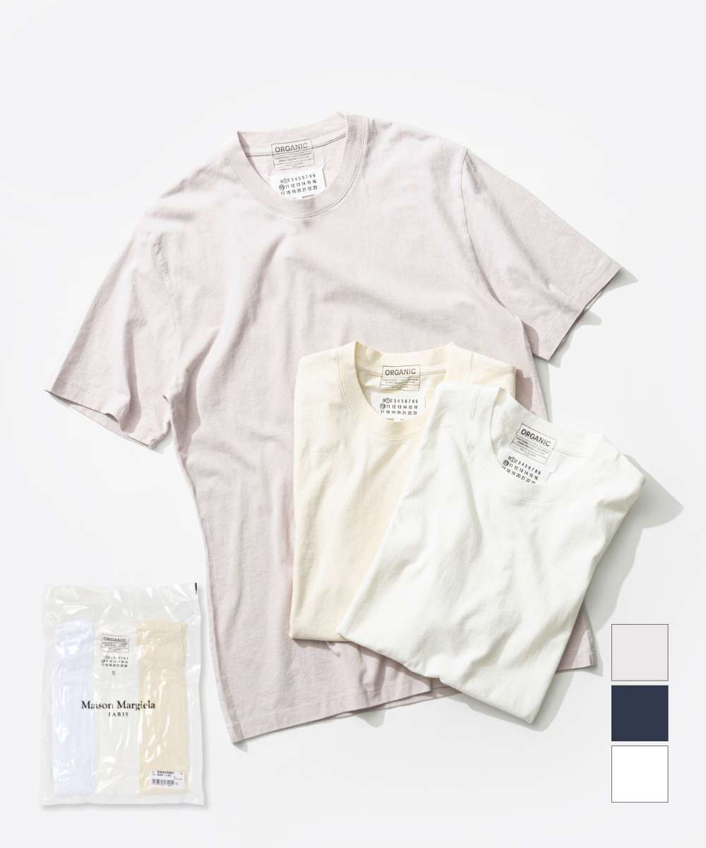 メゾン マルジェラ MAISON MARGIELA S50GC0687 S23973 Tシャツ メンズ トップス 3枚セット 半袖 カットソー パックT クルーネック カジュアル シンプル 春夏 コットン 綿 無地 ホワイト ネイビ…