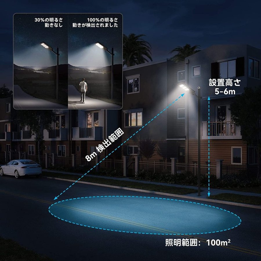 LED 街灯 センサーライト 太陽光発電 ソーラーライト+LED一体型 動体感知センサー 街路灯 屋外照明 防犯 防水 自動点灯 屋外 自転車 駐車場 玄関 廊下 軒先 庭 ガーデン 会社 倉庫