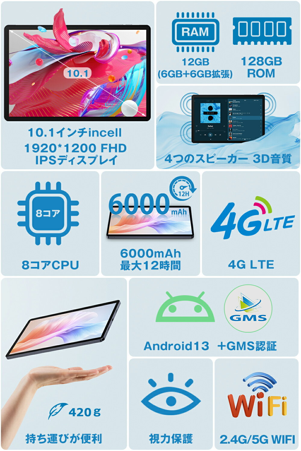 【あす楽・一年保証】タブレット Android13 10インチ 8コア高性能 RAM 12GB＆ROM 128GB 1920*1200解像度Widevine L1対応 4GLTE IPS大画面 SIMフリー Wi-Fiモデル 6000mAhバッテリー GMS認証 GPS対応 OTG 顔認識 アンドロイド 軽量 スタイリッシュ 子供 プレゼント T60PRO T60 2