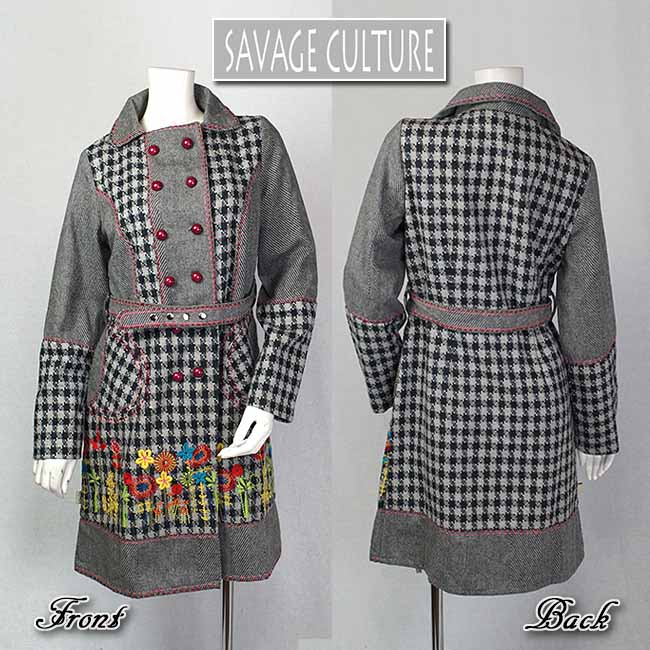 【合わせ買い対象】OUTLET スペイン "SAVAGE CULTURE" 円形ポケットとフラワー刺繍が可愛いウール コート サイズSとM【当初50926】