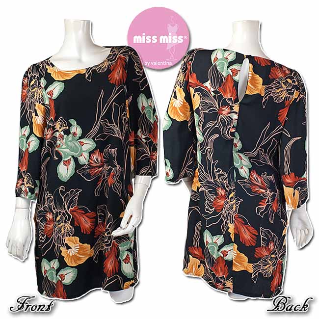 "miss miss" アイリスの花が印象的なAライン ワンピース サイズS &nbsp; 正面/背面画像 &nbsp; 　 　 デザイン化したアイリスの花柄をプリントしたポリエステル素材の七分袖ワンピース。 アイリスの花の構図と配色が素敵...