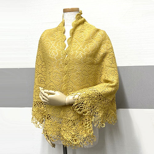 レース ショール イエロー 黄色 辛子色 ラメ糸 半円型 レディース 【中古】【ネコポス配送】