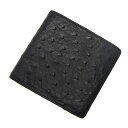 オーストリッチ 二つ折り財布 ブラック コインポケット付き 黒 メンズ フルポイント【中古】【ネコポス配送】(4)