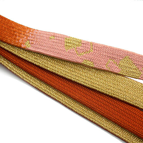 帯締め 未使用品 茶 金 ピンク 平組 正絹 シルク100% 手組紐 着付け 和装小物 手芸材料【中古】【ネコポス配送】