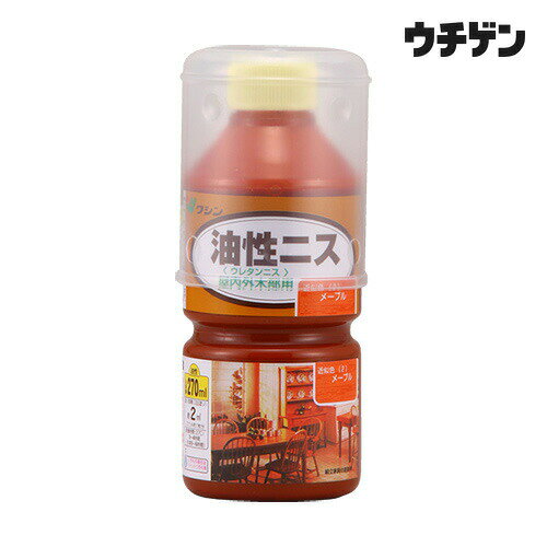 長年愛用されている耐久性に優れたニス【塗料タイプ】油性飴色（ハチミツ色）の塗膜が年数が経ったような深みを生み出します【用途】屋内木部、木工作品、実用家具、ひさしのある屋外木部（ドアなど）【塗り面積】種類：120ml　塗り面積：0.7平方メートル(約)　畳の枚数(約)：0.5種類：270ml　塗り面積：2平方メートル(約)　畳の枚数(約)：1種類：0.7L　塗り面積：5.5平方メートル(約)　畳の枚数(約)：3種類：1.6L　塗り面積：12平方メートル(約)　畳の枚数(約)：7.3■塗り面積は、2回塗りした場合の目安です。【乾燥時間】約 3〜4 時間／20℃【うすめ液】ペイントうすめ液、または難燃性ペイントうすめ液【特徴】着色とニス塗りが同時にできます。木目を生かし、美しく仕上がります。飴色（ハチミツ色）の塗膜が、年数が経ったような深みを生み出します。ひさしがある屋外なら使用できるので、玄関ドアなどにも使えます。塗膜が硬いので、工作品はもちろん、実用的な家具や、床にもご利用いただけます。■塗装中・乾燥中は溶剤臭があるため、充分な換気が必要です。■テーブル等、特に強度を要する作品の場合は、全ての塗装が終わってから7〜10日乾燥した後、使用してください。■透明クリヤーやつや消しクリヤーでも飴色になるので、下地の色を生かしたい場合は不向きです。（例：白く色をつけた上に透明クリヤーを塗ると、クリーム色のような仕上がりになります）■乾燥時間は薄塗りした場合の目安です。厚塗りすると、著しく乾燥に時間がかかる・乾燥後に表面が割れるなどの不具合が起こる場合がありますので、薄塗りを心がけてください。■雨ざらしの屋外で使用すると、あまり長持ちしません。■浴室など、高湿度の環境で使うものには使用しないでください。 1液ウレタン樹脂塗料